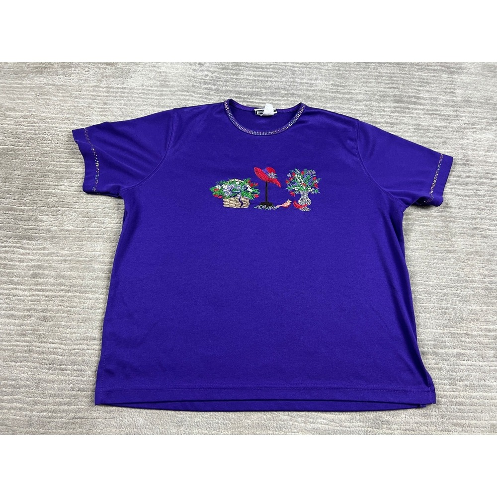 BonWorth T-Shirt Womens S Petite Purple Embroidered Garden Floral Short Sleeve